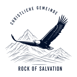 Logo der Gemeinde: ein Adler im Flug über Berggipfeln, dazu die Aufschrift Christliche Gemeinde, Rock of Salvation